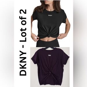 Lot of 2- DKNY Knot-Front T-shirt Top Tee , Dark Plum & Black - size S- EUC